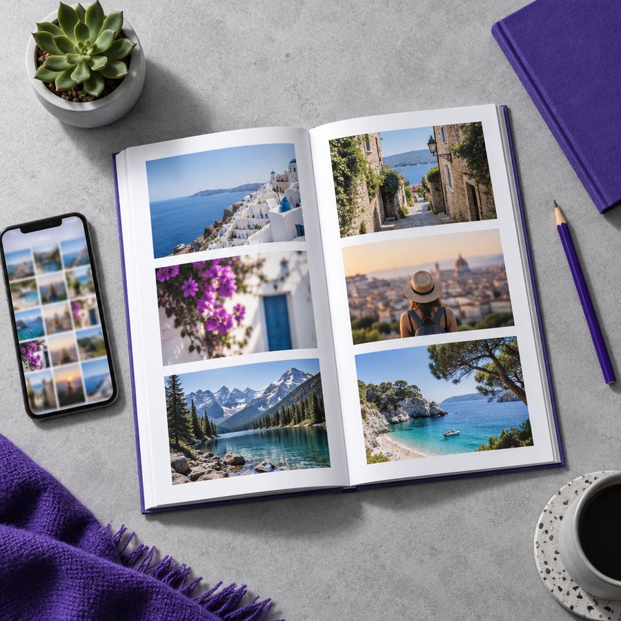 An open photo book with a grid of travel photos next to a phone