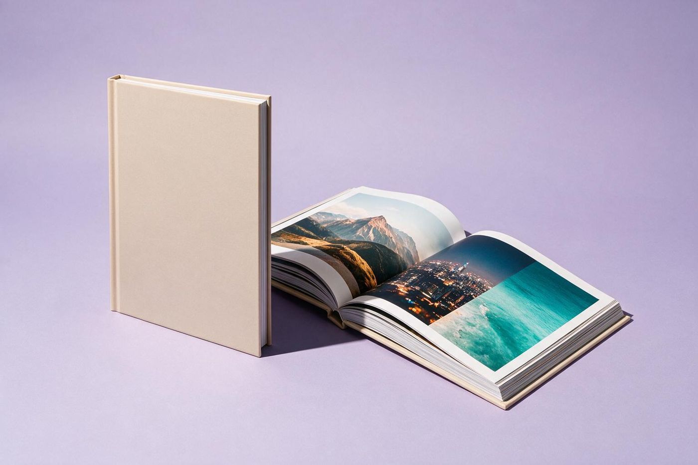Two photo books with bold travel photos on a lavender backdrop